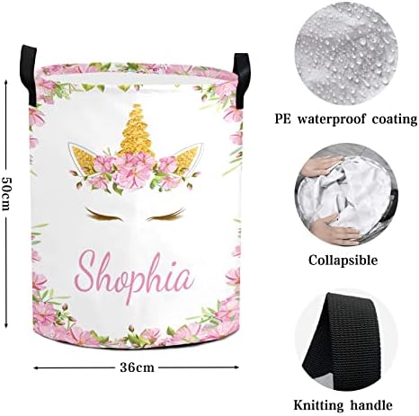 Cestas de lavanderia de unicórnio personalizadas com nome para meninas flor de bebê cesto de roupas de compra de roupas de água com maçaneta para banheiro quarto quarto