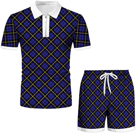 Roupas masculinas de 2 peças roupas masculinas primavera/verão zíper curto com lapela estampa xadrez