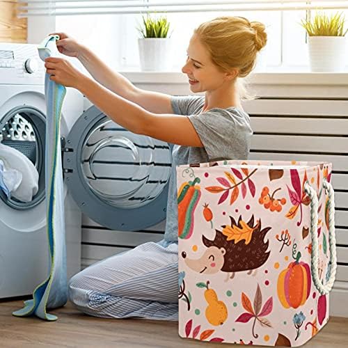 Folhas de outono padrão animal cesto de lavanderia grande com maçaneta de transporte fácil, cesta de lavanderia dobrável à prova d'água para caixas de armazenamento Organizador da casa do quarto de crianças