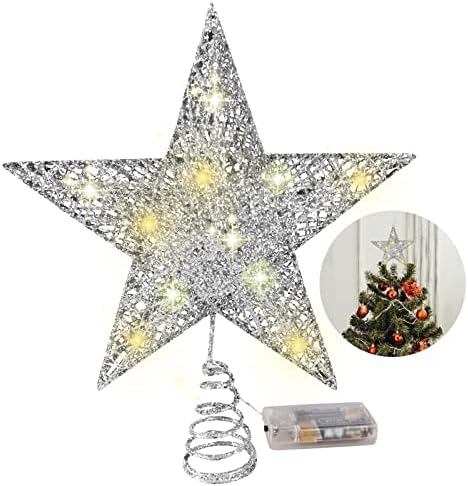 Estrela da árvore de Natal com lindas luzes LED, metal glitter natal estrela topper para enfeites de Natal