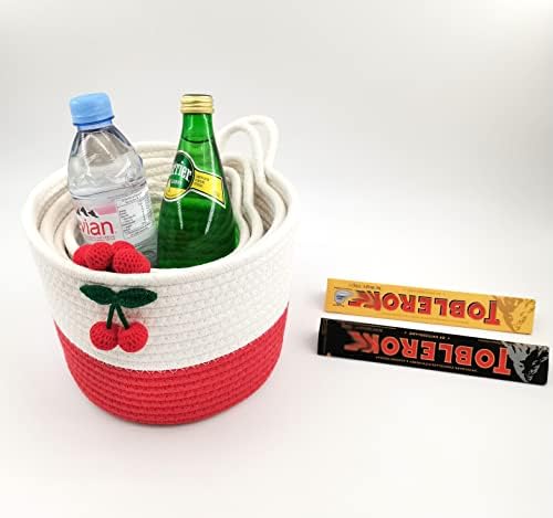 Cesta de armazenamento de corda de algodão com cereja pendurada cesta de parede cesta vermelha branca