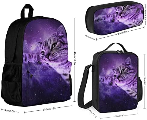 Espacas de mochilas de gatos espaciais para viagens escolares impressões de pilhas de livros com lancheira e