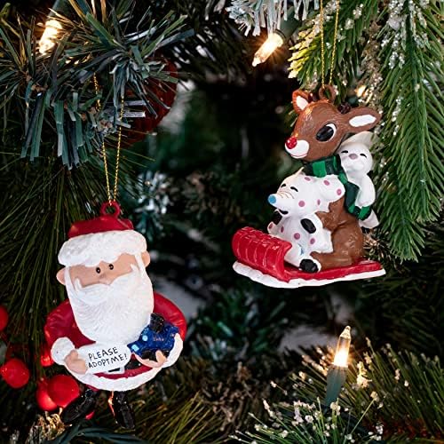 Kurt Adler Rudolph Os enfeites de Natal do nariz vermelho e conjunto de estocagem de 3- Rudolph & Santa Tree Ornaments
