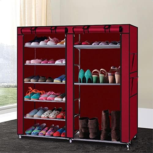 [Armazenamento de sapatos empilhável] Rack de sapatos de linha dupla com 9 treliças - Wine Red acabamento de entrada móveis para organização de armários e organizador de calçados por casa