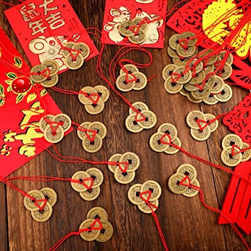 Moedas da sorte chinesa boao feng shui moedas i-ching moedas tradicionais com corda vermelha para