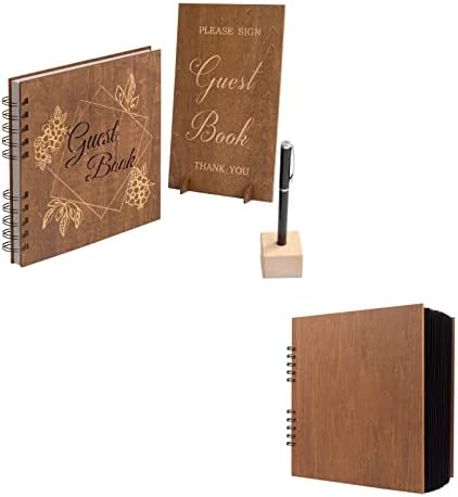Creawoo 8.5 Livro de visitas de madeira com sinal de mesa, caneta, suporte e 8x8 polegadas de álbum de