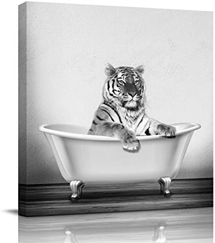 Animais de Doremihome pintando em tela, requintada e durável arte de parede de lona, ​​imagem de arte para o banheiro de casa decoração de escritório 8x8 polegadas - tigre na banheira preta branca