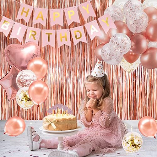 Doce de 16 decorações de aniversário, banner de feliz aniversário, cortina de ouro rosa, balões de confetes