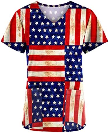 4 de julho de 2023 Scrub_tops for Women American Flag Print Shert V Camise