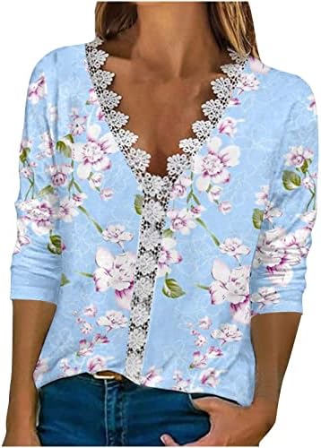 Summer Summer Summer elegante camiseta V Camisas de renda de crochê de pescoço estampas florais 3/4