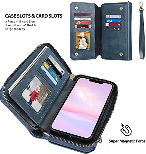 Petocase para iPhone 13 Pro Max Wallet Case, bolsa de zíper multifuncional com pulseiras de tampa