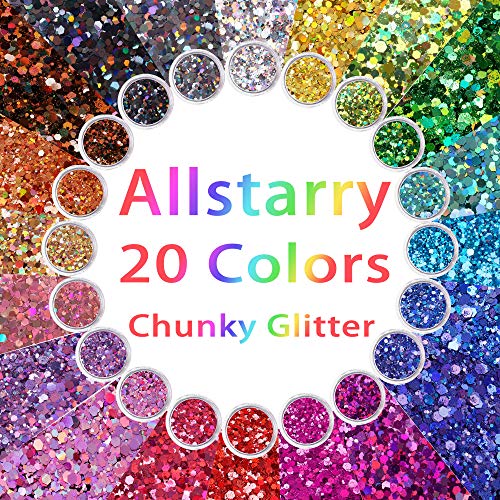 Allstarry holográfico robusto glitter 20 cores Glitter artesanal iridescente 0,35 onças por jarra para resina epóxi,