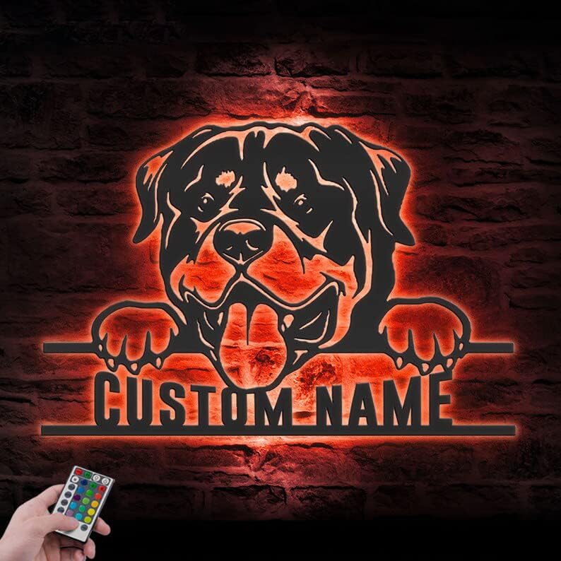 Digamos que você faça arte personalizada Rottweiler Metal Wall Art LED Light Light Personalized Dog Nome Sign