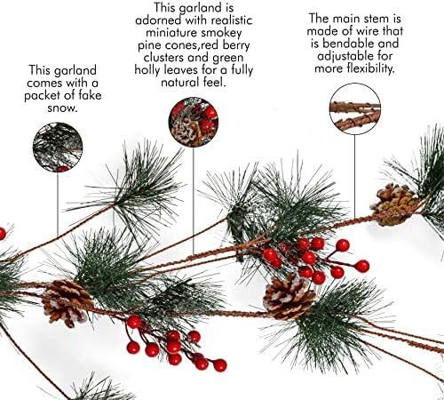 Ornatividade Pine and Berries Garland - Azles de pinheiro, Pinecone e Berry Rustic Holiday Christmas Tree Decorações