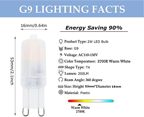 Lâmpada LED de G9 2W, 20-25W Halogen equivalente, 2700k Warm White Alto brilho 200lm, ângulo de feixe de