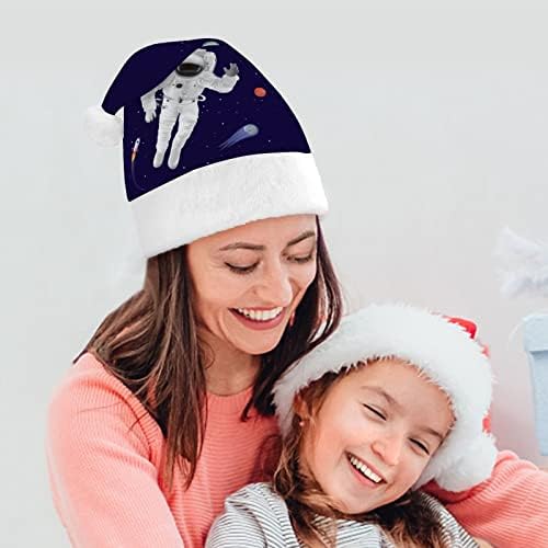 Astronauta e planetas chapéu de Natal Papai Noel chapéus de pelúcia curta com punhos brancos para