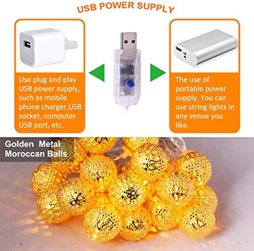 Luzes de cordas marroquinas de anlaibao, plugue USB de bola de metal dourado com luzes de corda com timer remoto,