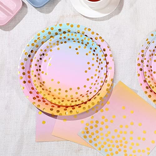 Placas de arco -íris e guardanapos de 150pcs Pastel e guardanapos de festa dourada de papel pastel de papel para
