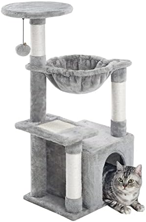 Kilodor Cat Tree, pequeno condomínio de gato com rede, sisal scratchingh posts para gatinho cinza