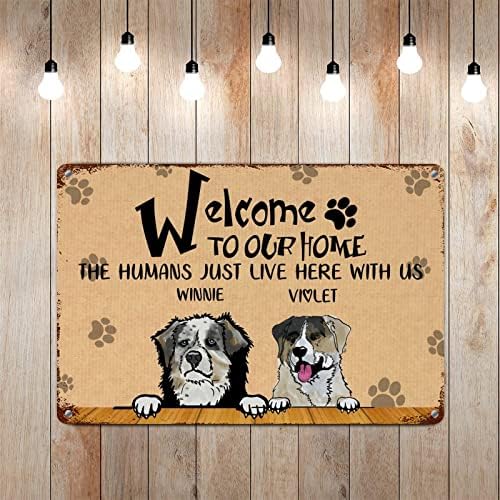 Alioyoit engraçado cão metal sinal de cães personalizados nome bem -vindo à nossa casa Os humanos aqui conosco cabide