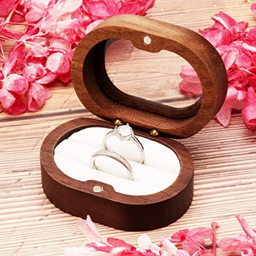 Cosso Oval Oval pequena caixa de anel de madeira para 2 anéis, suporte para anel para noivado Cerimônia de casamento Presente de aniversário