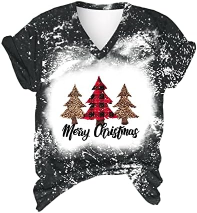 Camisetas pretas de manga curta para mulheres vneck árvore gráfica relaxada festival de Natal tampe tampes camisetas