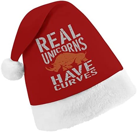 Os unicórnios reais têm curvas de chapéu de natal de pelúcia e bonitos chapéus de Papai Noel com