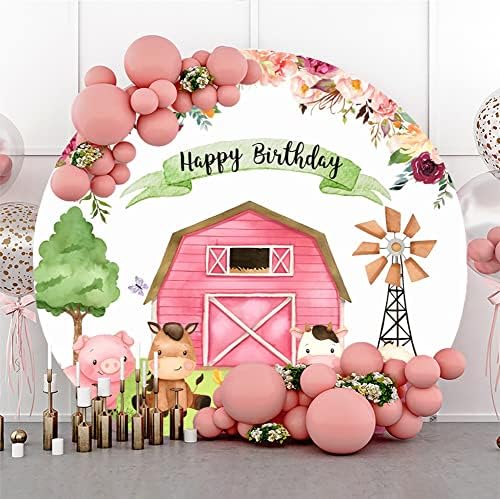 LaeAcco 6x6ft Fazenda Aniamls Feliz Aniversário Rodada Caso -Caso para Crianças Pink Barn Barn Birthday