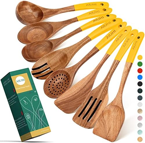 Conjunto de utensílios de cozinha de madeira, colheres de madeira de teca para cozinhar espátula