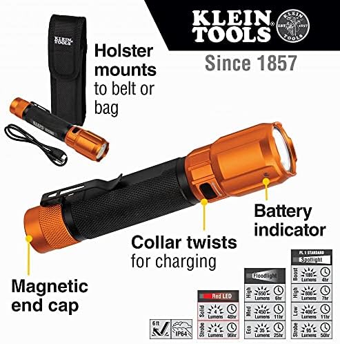 Klein Tools 56413 Lanterna LED de 2 cores recarregável, coldre, holofote, holofote, LED vermelho,