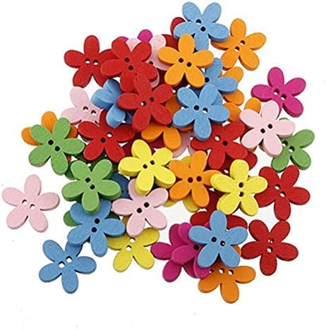 Botões de madeira planos de flor colorida de 100pcs