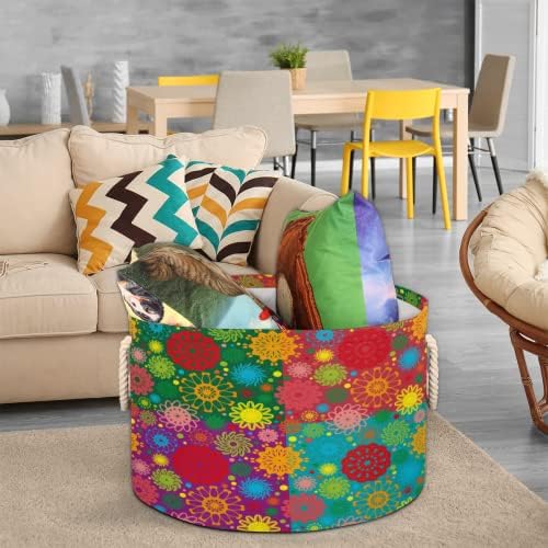 Mandala Flowers Grandes cestas redondas para cestas de lavanderia de armazenamento com alças cestas de armazenamento