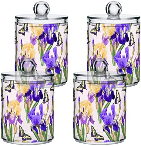 Yyzzh Violet Iris Flor com Butterfly Floral Print 4 Pack Pack Qtip Dispenser para algodão Swab Ball Round Pads