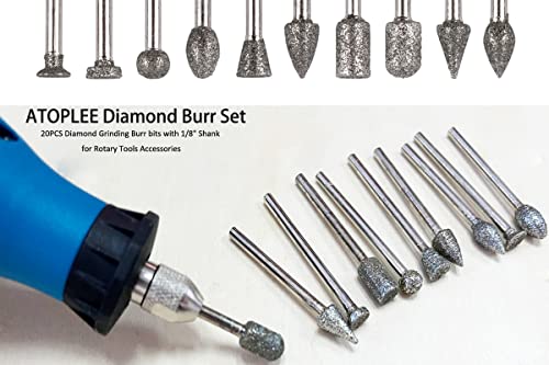 ATOPLEE 20 PCS Diamond Burr Reting Drill Bit, cabeça de moagem com revestimento de diamante com acessórios de