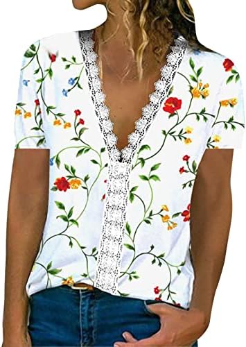 Comigeewa senhoras de manga curta camisetas estampas florais de ajuste solto blusas t camisetas v pescoço renda spandex lounge t camisetas e6