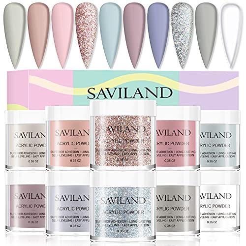 Conjunto de pó de acrílico de Saviland - 10 cores acrílico pó de unhas glitter branco rosa polímero profissional