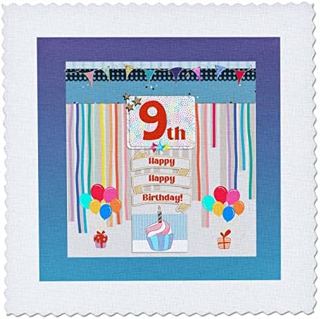 Imagem 3drose da etiqueta de 9º aniversário, cupcake, vela, balões, presentes. - Quilt quadrados