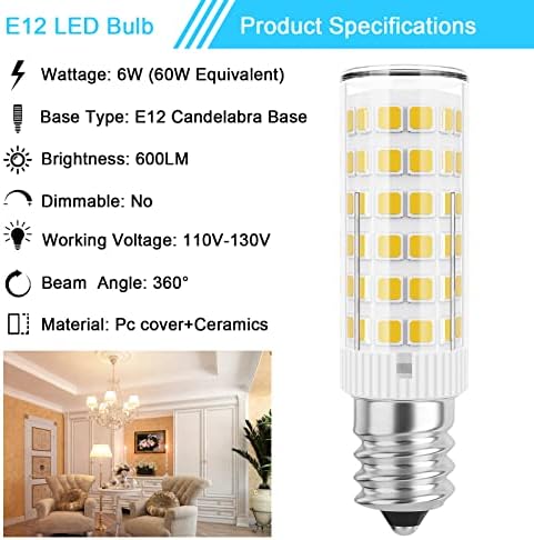 E12 de 60 watts de substituição de lâmpadas de candelabra LED C7, lâmpadas brancas de 3000k brancas, T6 e12 lustres