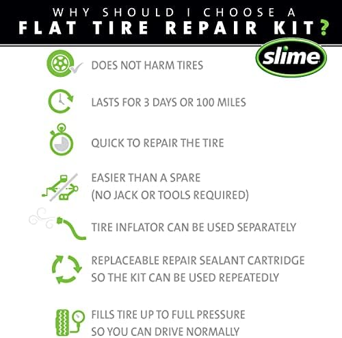 Slime 50139 Kit de emergência de punção de pneus furados, inclui bomba de selante e inflador de