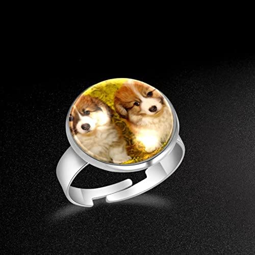 Filhotes Cão de animais de estimação galês corgi dois anéis ajustáveis ​​para mulheres meninas, aço inoxidável