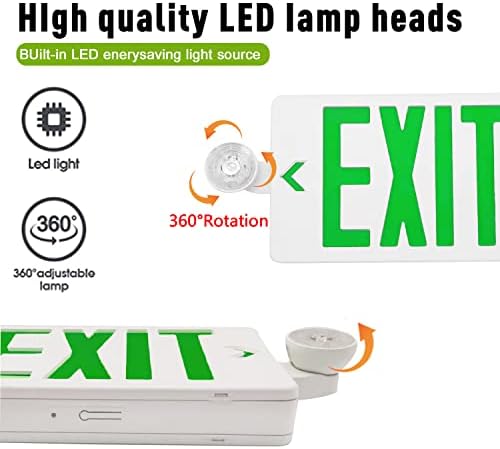 Ostek Green LED Sign de saída com luzes de emergência, duas luzes de saída de emergência de cabeça ajustável LED