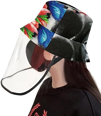Chapéu de proteção para adultos com escudo facial, chapéu de pescador anti -sun tap, penas de pavão branco preto