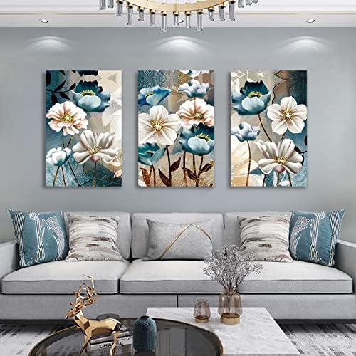 SERIMINO 3 peças Arte de parede de lona de flor de lótus para sala de estar branca e índigo azul floral decoração