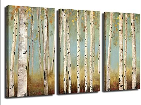 Juhuso 3 peças Birch branco Arte da parede de lona Folhas caindo no verão Floresta da paisagem Pripas artísticas