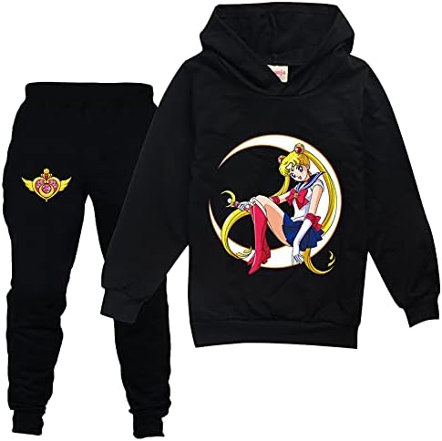 Huanxa Kids Sailor Moon Sorto Capuz de pulôver e calças de corrida 2 peças Ternos de moletom casual