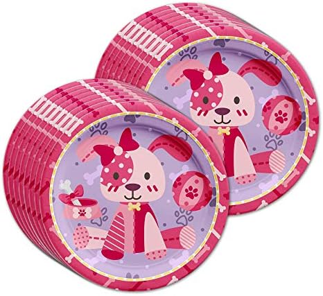 Pink Girl Puppy Dog Birthday Festes Supplies Placas Placas Guardanapo Kit de Tableware de Tableware para 16