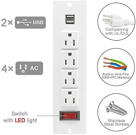 Soquete de tira de energia embutida com interruptor 4 saídas de alimentação 2 cubos USB com 2 parafusos