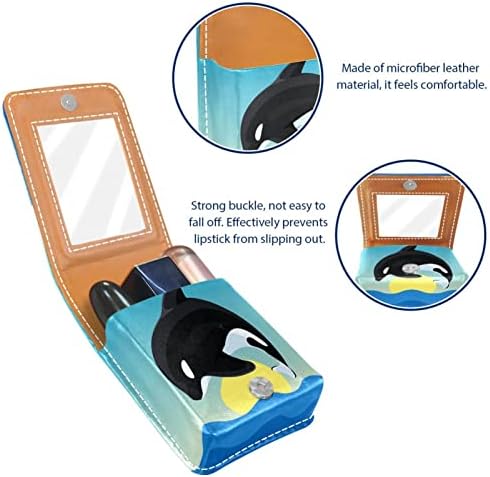 Cartoon baleias saltando o oceano onda de couro maquiagem de batom com espelho mini maquiagem saco diariamente