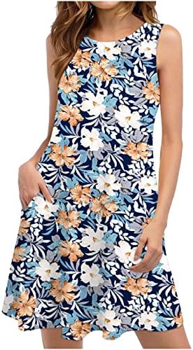 Vestido feminino para verão 2023 praia camiseta floral bolsos casuais bolsos de tanque boho