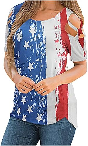 T-shirt de bandeira americana feminina 4 de julho Tee Tops Crewneck Cutout Bloups de manga curta 2023 camisas de